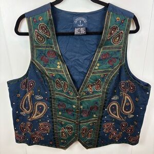Vintage Navy Blue Embroidered Floral Paisley Cottagecore Vest Waistcoat sz 14-16